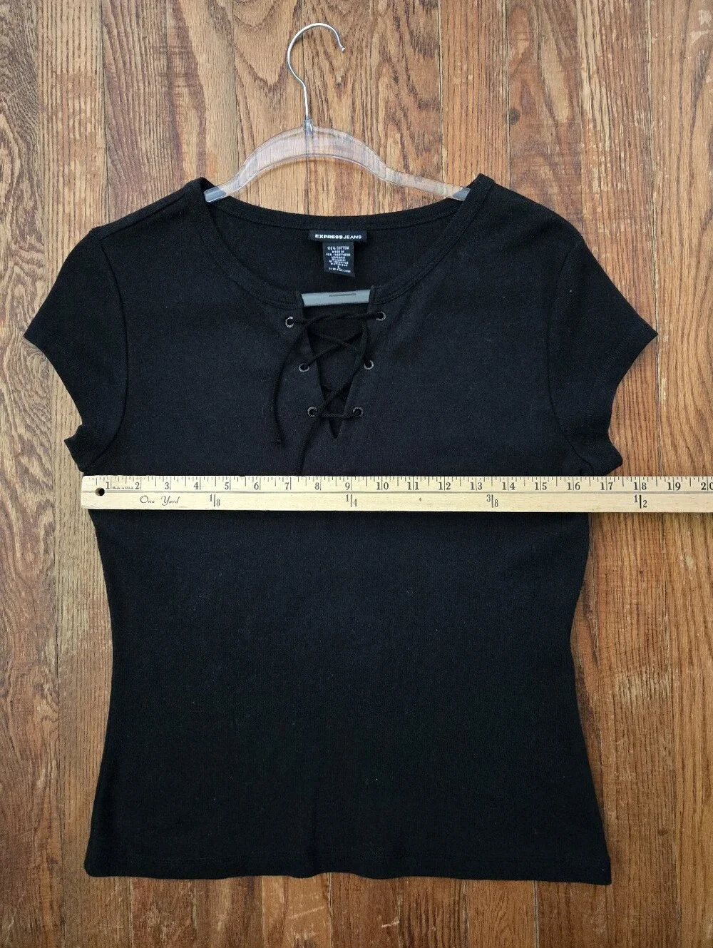 Y2K Express Jeans Black Top Size L (runs small) Criss Cross V-Neck Cap Sleeves